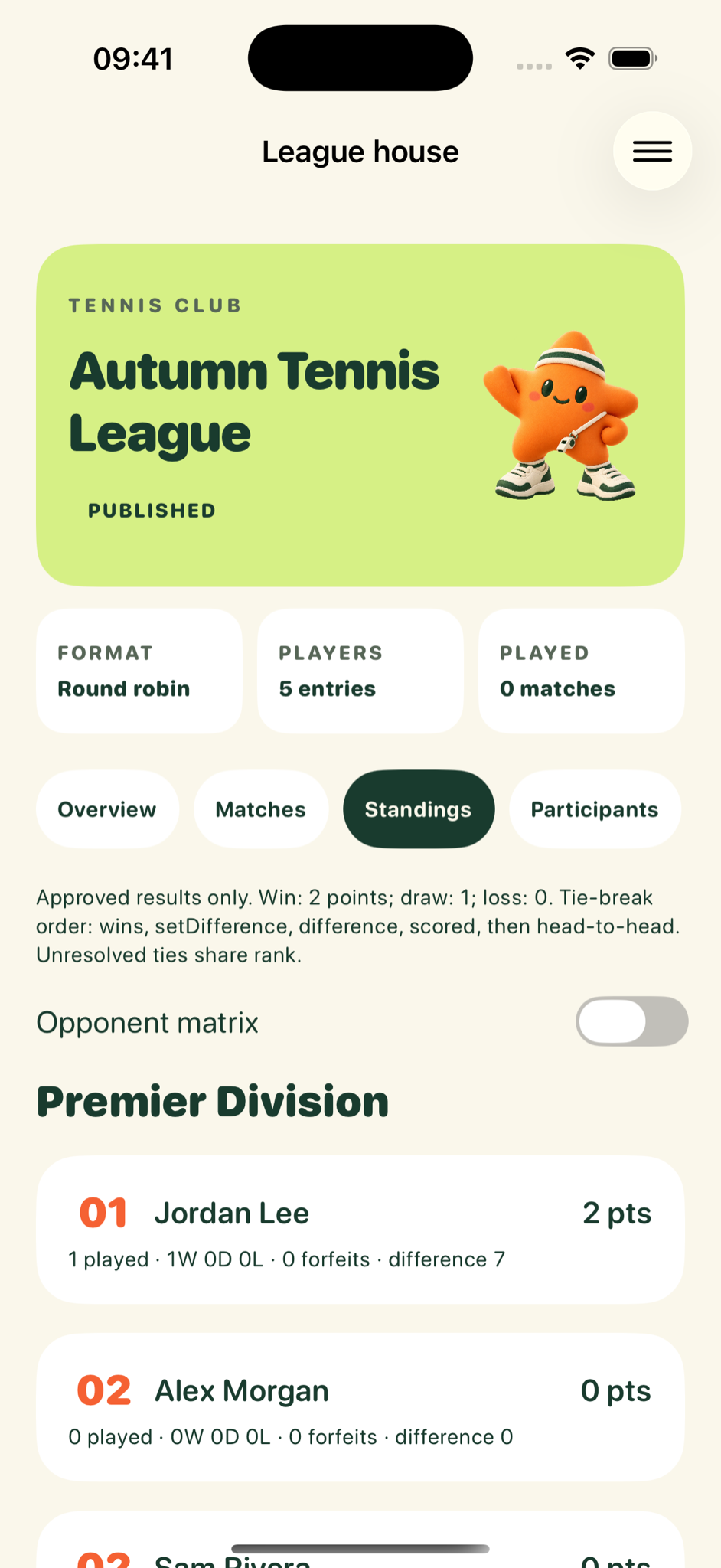 LeagueLoop sample standings screen